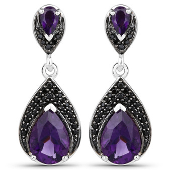 amethyst and black spinel earrings in rhodium over sterling silver