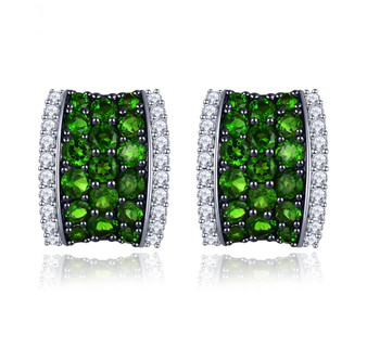 back view of chrome diopside and white zircon earrings in rhodium over sterling silver