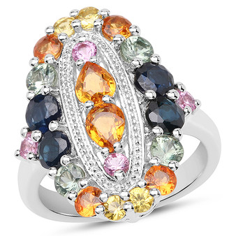multi color sapphire ring in rhodium over sterling silver