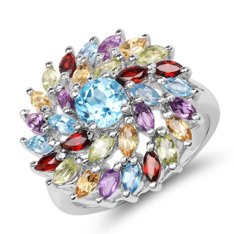 swiss blue topaz multi gemstone ring in rhodium over sterling silver