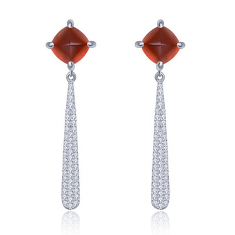 sugar loaf cut hessonite garnet and white zircon dangle earrings in rhodium over sterling silver