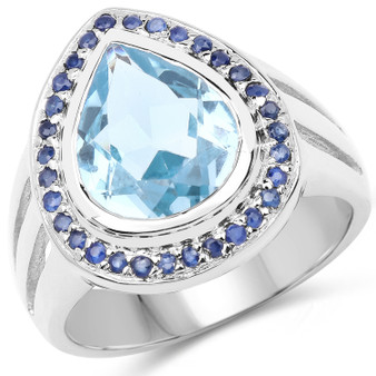sky blue topaz and blue sapphire pear halo ring in rhodium over sterling silver