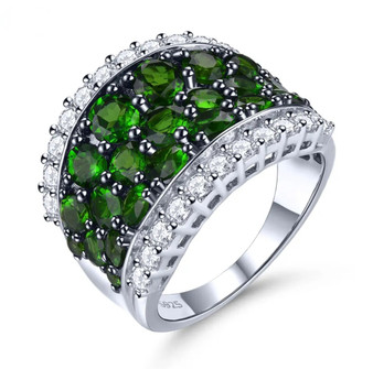 chrome diopside and white zircon cluster ring in rhodium over sterling silver