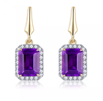 amethyst diamond emerald cut halo 14k yellow gold drop earrings front