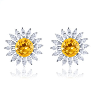 citrine and white zircon halo stud earrings in rhodium over 925 sterling silver