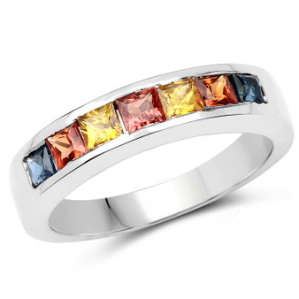 multi color sapphire band ring in rhodium over sterling silver