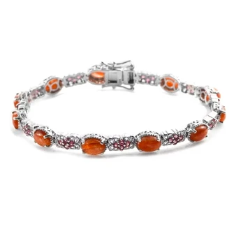 front view of sunstone and rhodolite garnet tennis bracelet in rhodium over sterling silver