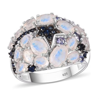 rainbow moonstone and multi gem shooting star motif cluster ring in rhodium over sterling silver front