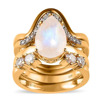rainbow moonstone and moissanite pear four ring set in 18k vermeil yellow gold over sterling silver front