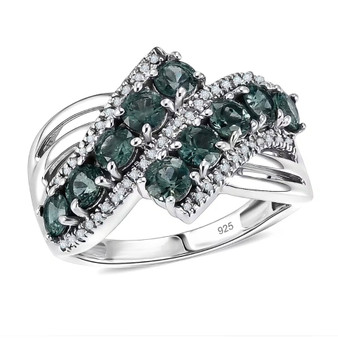 montana sapphire and white zircon bypass crossover rhodium over sterling silver ring front