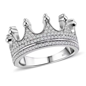 front view of lab grown diamond crown ring in rhodium over sterling silver