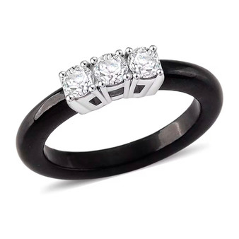 front view of lab diamond in black jade trilogy ring with rhodium over sterling silver
