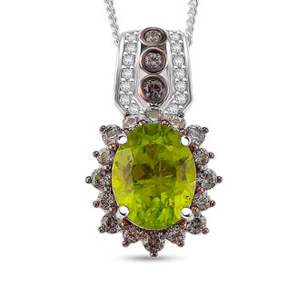front view of peridot green sapphire and zircon halo pendant necklace in two-tone rhodium over sterling silver