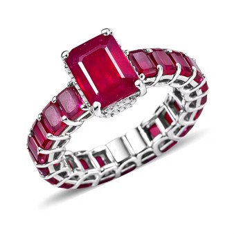 front view of ruby (ff) and white zircon eternity ring in rhodium over sterling silver