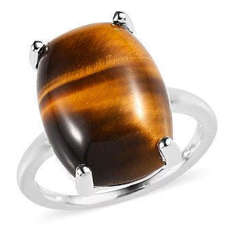 tigers eye cushion cabochon solitaire ring in rhodium over sterling silver front