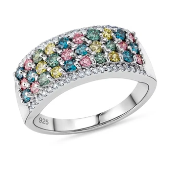 multi color lab grown diamond cluster band ring in rhodium over sterling silver front