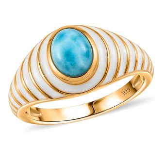 oval larimar bezel set solitaire ring with white enamel in 18k vermeil yellow gold over sterling silver front