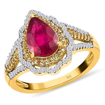 fissure filled ruby yellow sapphire and white zircon pear shaped double halo ring in 18k vermeil yellow gold over sterling silver front