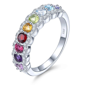 multi gemstone and white zircon band ring in rhodium over sterling silver