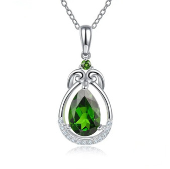 front view of chrome diopside and diamond pendant necklace in 14k white gold