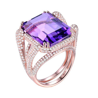 front view of amethyst and diamond cocktail ring in 14k rose gold