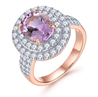 rose de france amethyst and white zircon double halo ring in 18k rose gold over sterling silver