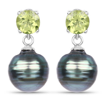 front view of tahitian pearl and peridot earrings in rhodium over sterling silver