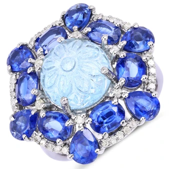 front view of carved aquamarine kyanite and diamond ring in rhodium over sterling silver