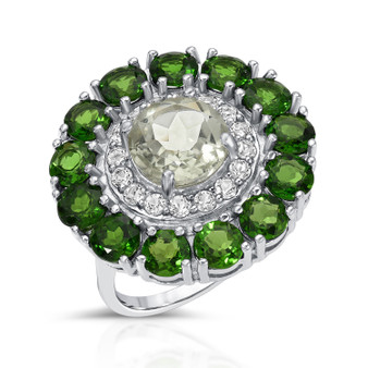 front view of prasiolite chrome diopside and white topaz halo ring in rhodium over sterling silver