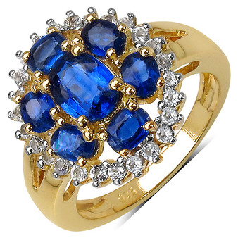 front view of kyanite and white topaz cluster halo ring in 18k yellow gold and rhodium over sterling silver