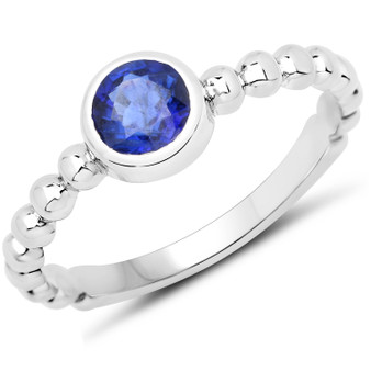 round blue kyanite solitaire ring with beaded sterling silver band