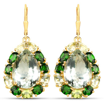 prasiolite chrome diopside and lemon quartz halo drop earrings in 18k yellow gold plated sterling silver
