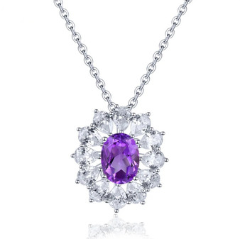 amethyst and white zircon floral halo necklace in rhodium over sterling silver