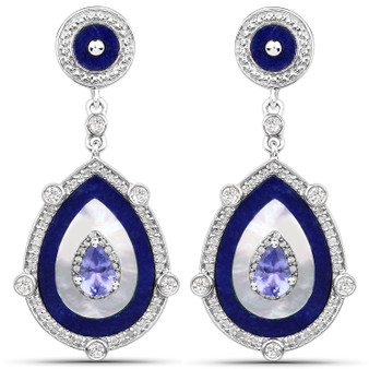 lapis lazuli mother of pearl tanzanite and white topaz drop earrings in rhodium plated sterling silver