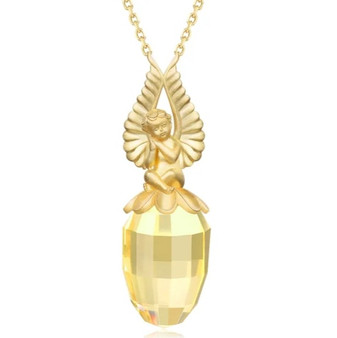 front view of lemon quartz briolette angel pendant necklace in 18k yellow gold over sterling silver