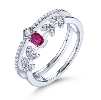 ruby and white zircon double band ring in rhodium over sterling silver