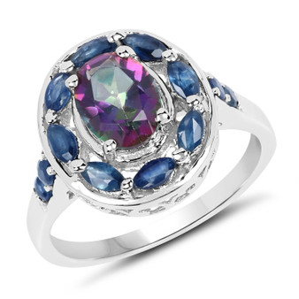 mystic topaz and blue sapphire statement ring in rhodium over sterling silver