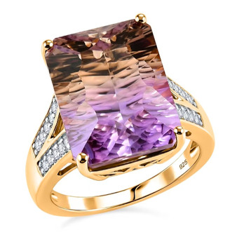 ametrine and moissanite concave cut split shank ring in 18k vermeil yellow gold over sterling silver front