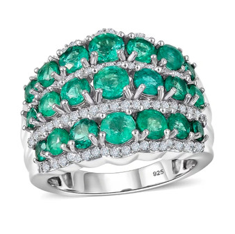 zambian emerald and moissanite multi row band ring in rhodium over sterling silver front