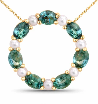 front view of alexandrite and freshwater pearl circle pendant necklace in solid 18k yellow gold