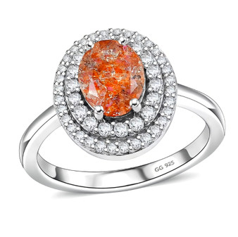 sunstone and white zircon double halo ring in rhodium over sterling silver front