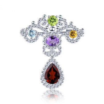 Multi Gemstone Brooch in Rhodium over Sterling Silver 3ctw