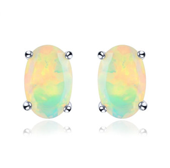 oval 6x4mm natural faceted opal stud earrings in rhodium over sterling silver