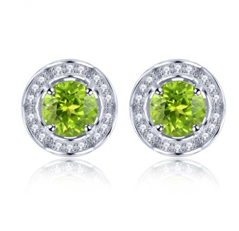 peridot and white zircon halo earrings in rhodium over sterling silver