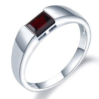 front view of gents black garnet emerald cut solitaire ring in rhodium over sterling silver