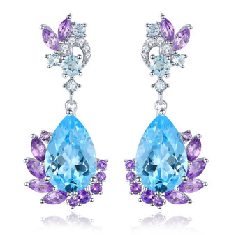 blue topaz and amethyst drop earrings in rhodium over sterling silver