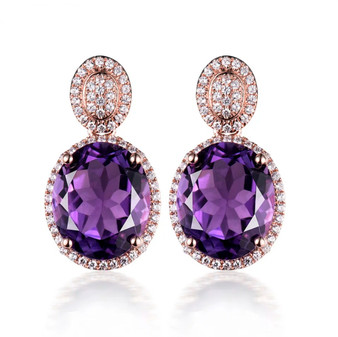 amethyst and diamond 14k rose gold drop earrings front