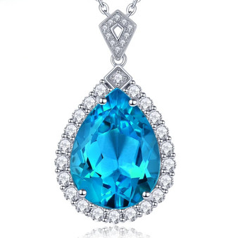 large blue topaz pear halo pendant necklace in rhodium over sterling silver