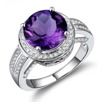 front view of amethyst and diamond halo 14k white gold ring