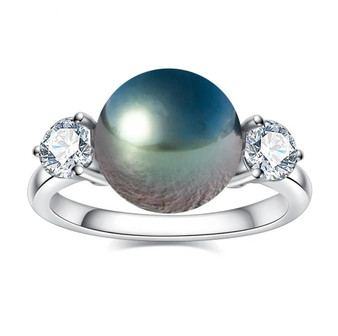 black tahitian pearl and moissanite trilogy ring in 10k white gold 11-12mm